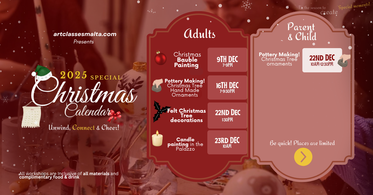 Christmas Calendar: SPECIAL Creative workshops (adults & children) - Art Classes Malta