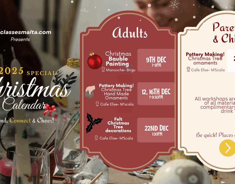 2025 Christmas Calendar: SPECIAL Creative workshops (adults & children) - Art Classes Malta